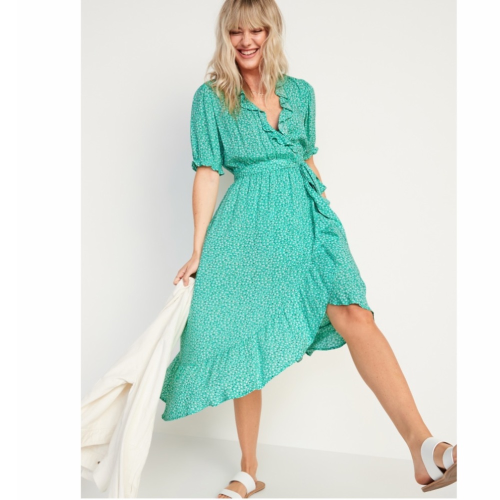 Old Navy Green Floral Waist-Defined Ruffled Tie-Belt Midi Wrap Dress
